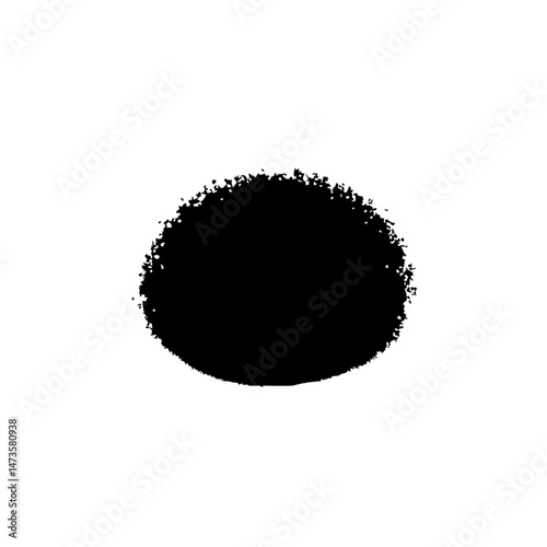 Abstract grainy dark sphere with rough texture on a stark white backdrop