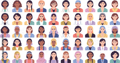 Diverse female character icons in flat vector style, representing various professions and cultures, each portrayed with unique elements and vibrant colors