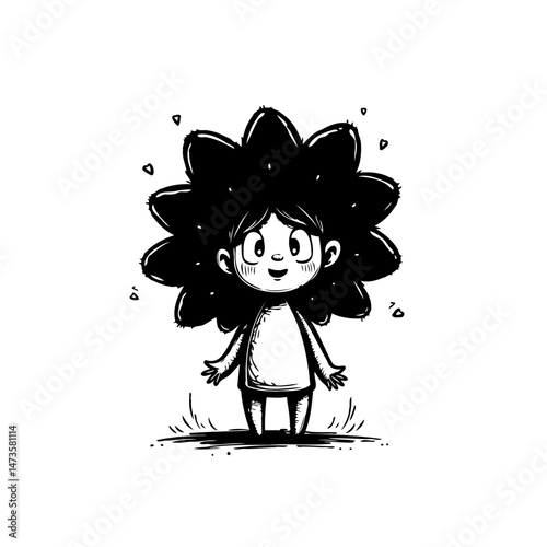 Whimsical child illustration with exuberant hair and expressive eyes in monochrome