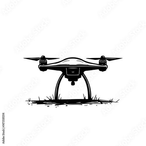 Detailed monochrome sketch portraying a quadcopter drone grounded on sparse foliage