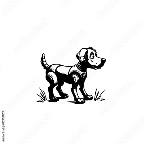 Cartoon dog illustration with a blend of organic and mechanical elements standing