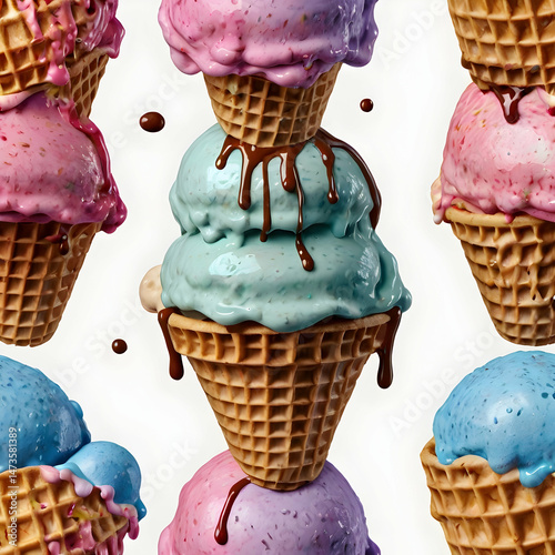 Pink and White Ice Cream Cone with White Drizzle on Top Isolated on White Background
