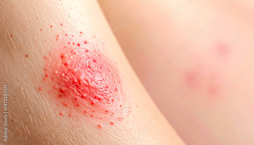 Fototapeta premium Skin showing a red, inflamed area with a textured surface, possibly indicating a rash, infection, or allergic reaction