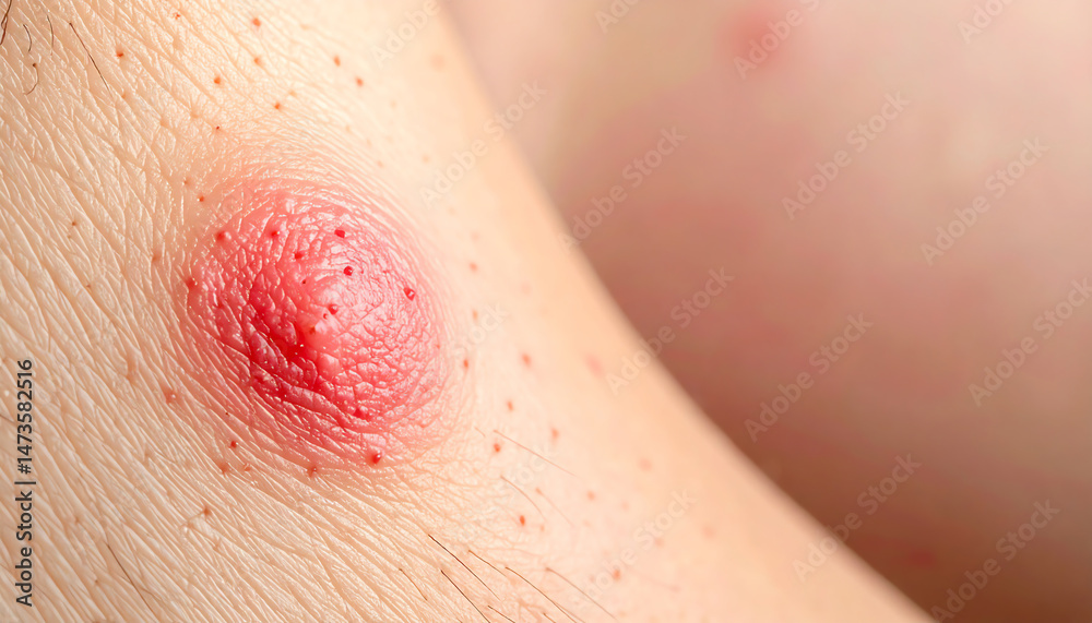 Fototapeta premium A close-up view of inflamed skin showing a red bump, possibly indicating an infection or skin condition, surrounded by small blemishes