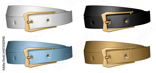 Set of four women’s leather belts in black, white, beige, and light blue colors. 3D illustration