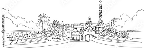 Park Guell in Barcelona with mosaic designs and whimsical buildings, line art drawing style. vector illustration