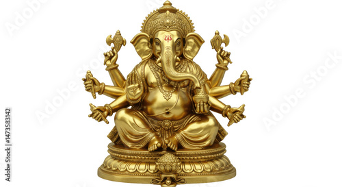 Golden Multi-Armed hindu god Ganesha Statue Isolated on Transparent PNG Background