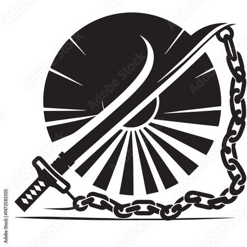 Kusarigama (Japan - chain-and-sickle weapon) Silhouette line art vector illustration on white background