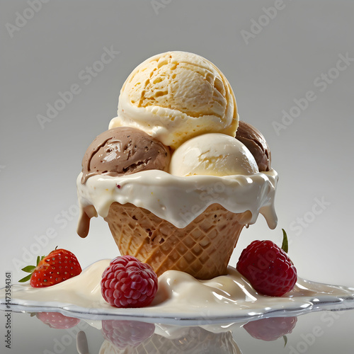 Pink and White Ice Cream Cone with White Drizzle on Top Isolated on White Background

