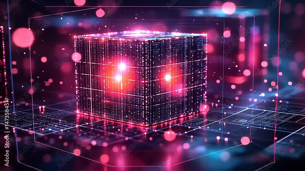 Futuristic Digital Cube with Neon Light Effects Futuristic Digital Cube with Neon Light Effects
