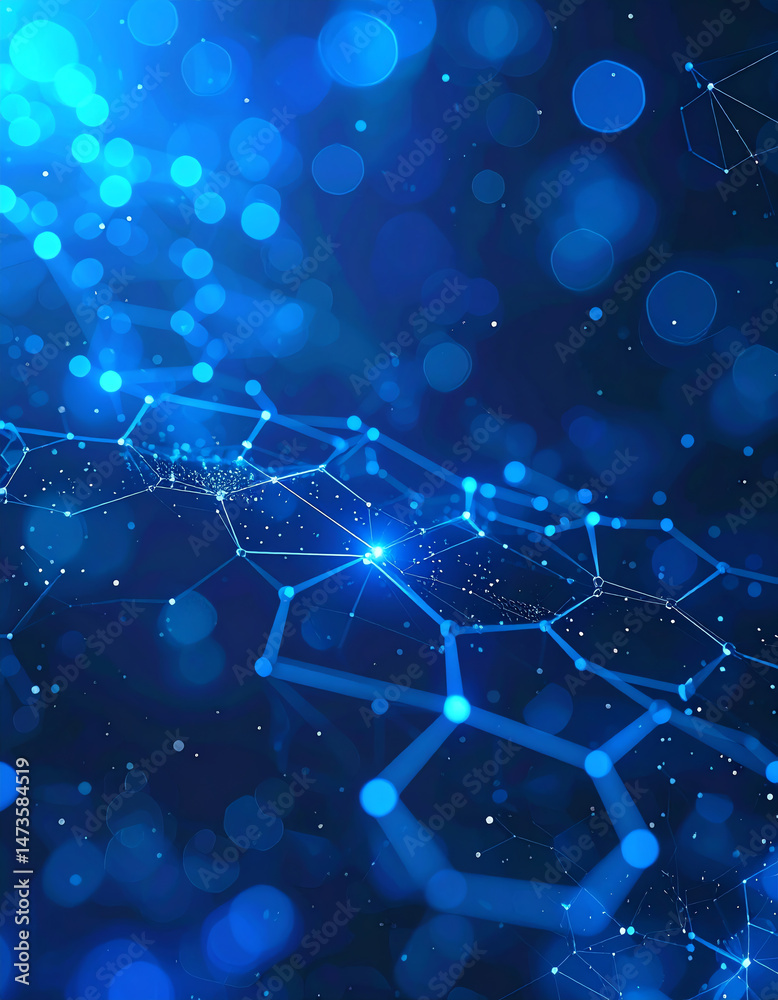 Fototapeta premium Abstract digital background featuring interconnected hexagonal patterns with glowing blue accents and soft bokeh effects