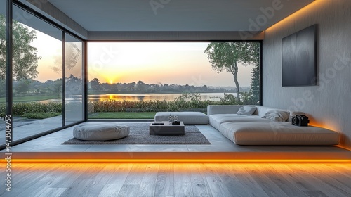 Modern minimalist living room with lake view
