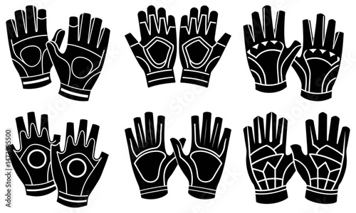 Illustration showing various styles of black and white protective gloves in different designs and patterns