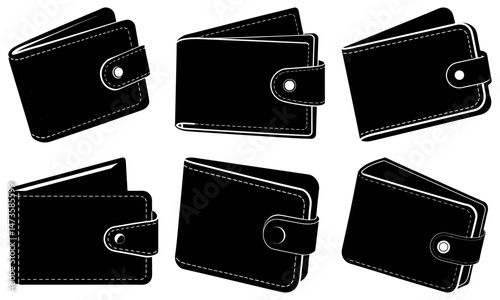 A collection of six black wallets in different orientations and closure styles displayed on a white background