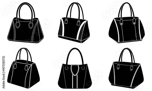 Collection of six black and white tote bags with varying designs and handle styles in a grid layout