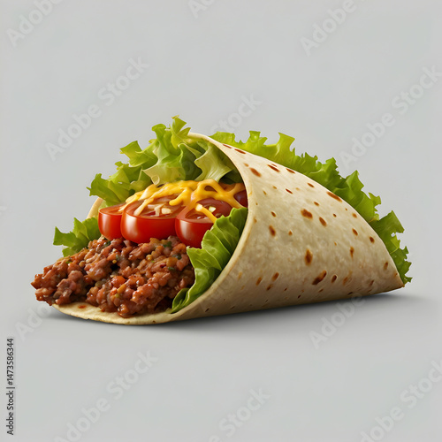 Delicious Burrito with Meat and Fresh Vegetables on White Background

