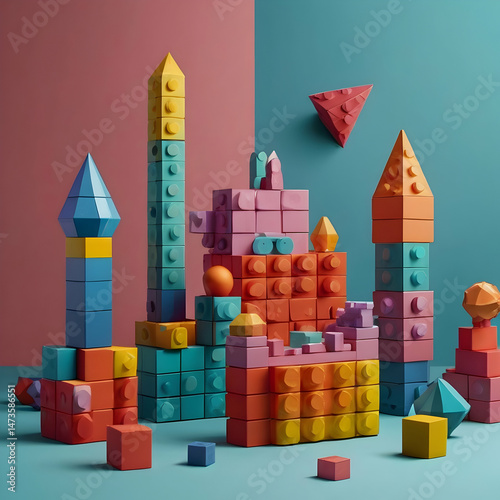 Magnetic Constructor Buildings on Table Isolated on Colorful Background


