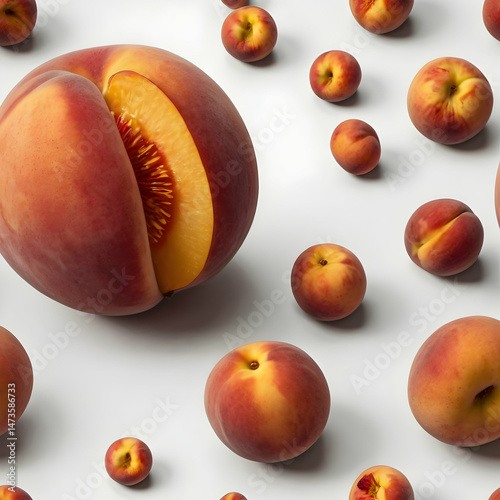 Whole Peach with Slices on Minimal White Background

