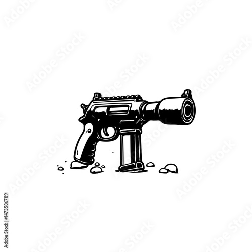 Stylized monochrome depiction of a hand weapon with an unconventional design