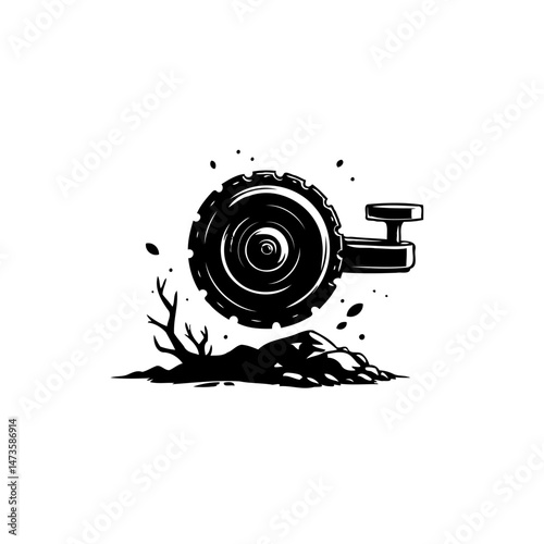 Monochromatic illustration of mechanical wheel hovering over a barren landscape