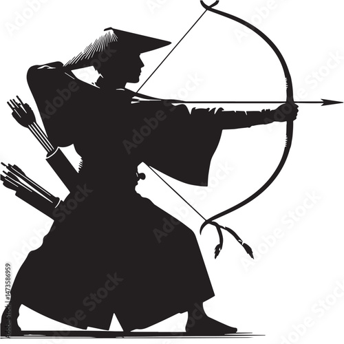 Kyudo (Japan - traditional archery) Silhouette line art vector illustration on white background