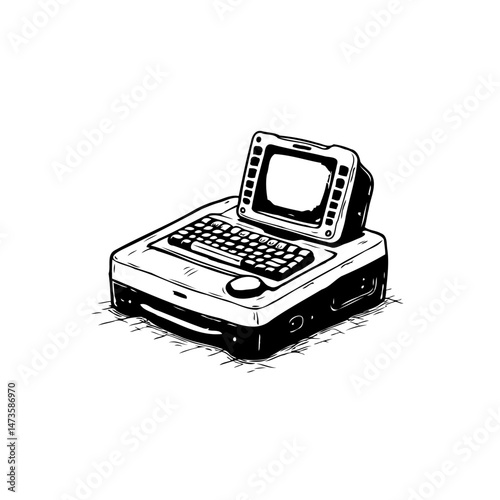 Monochrome illustration featuring an antiquated all-in-one personal computer design