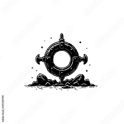 Stylized steampunk device concept art amidst celestial debris and rock formations