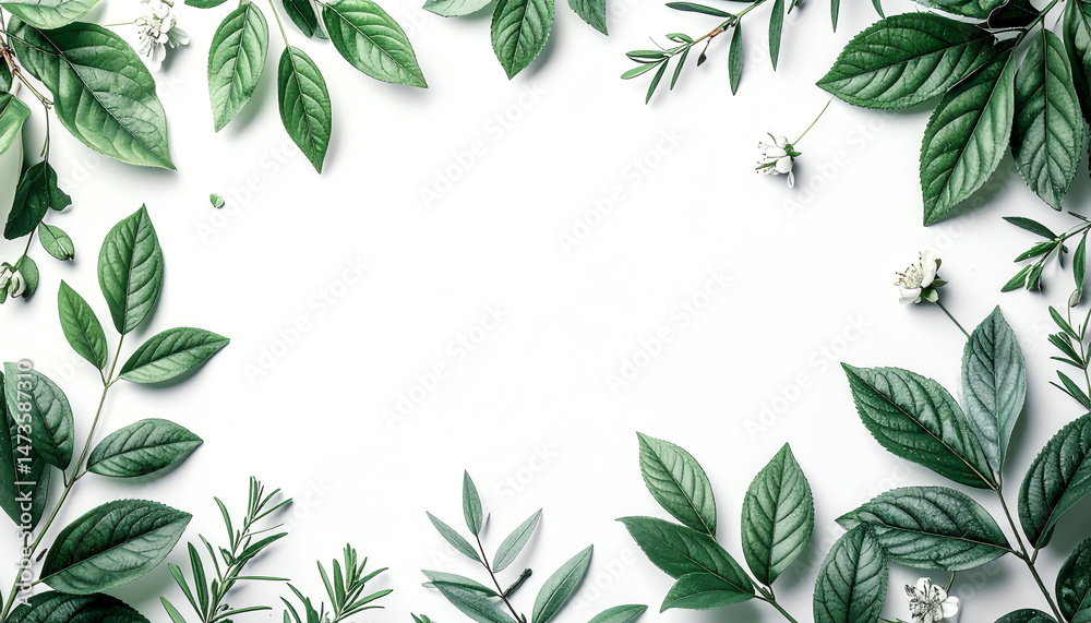 Naklejka premium A vibrant arrangement of green leaves and small white flowers, creating a natural border on a light background, evoking freshness and tranquility