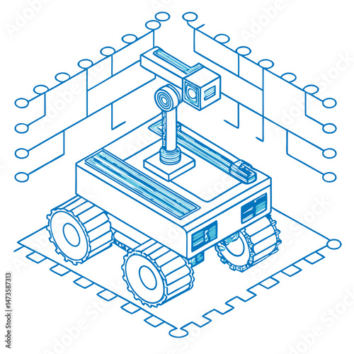 Isometric space exploration vehicle with robotic arm and camera  