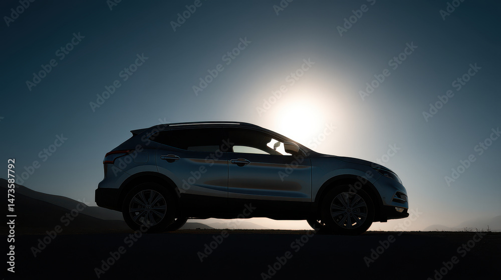 Obraz premium sleek suv parked against stunning sunset backdrop