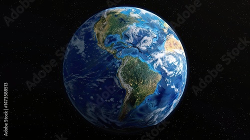 Fototapeta Naklejka Na Ścianę i Meble -  A detailed view of planet earth showcasing north and south america against a starry black background