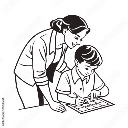 a teacher leaning over to guide a student line art vector