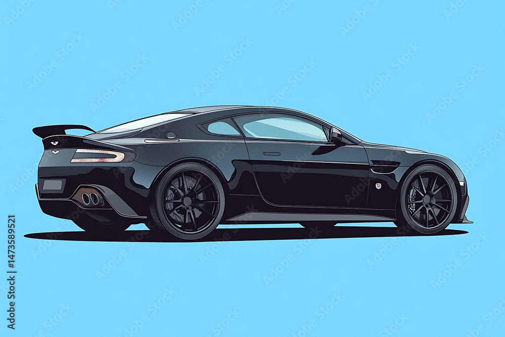 Naklejka premium Sleek black sports car parked against a bright blue background with a minimalist style