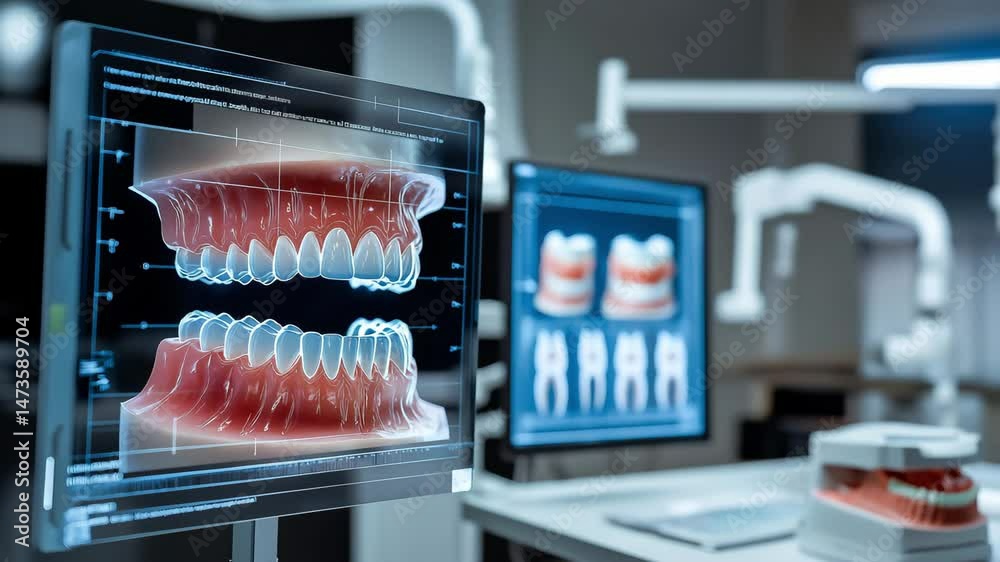 Multiple holographic displays show different angles and cross sections of a patients dental structure as a dentist and plans for orthodontic treatment	