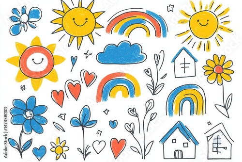 colorful kids doodle drawings of hearts, flowers, and rainbows, cute crayon-style vector set on white background