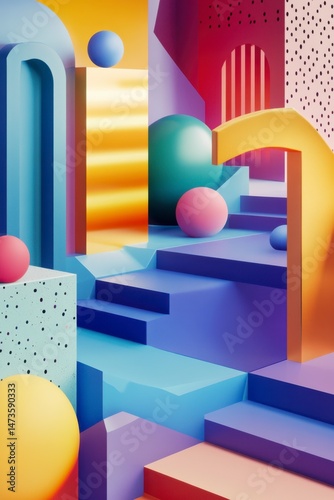 Colorful Geometric Shapes and Abstract Forms in 3D Space Design