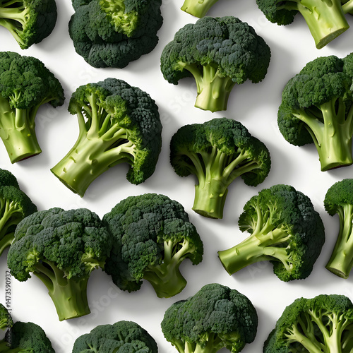 Broccoli Florets in Linear Arrangement on White Background

