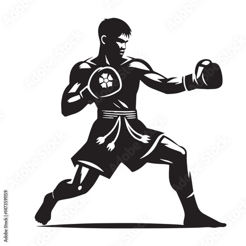 Lethwei (Myanmar - traditional bare-knuckle boxing) Silhouette line art vector illustration on white background