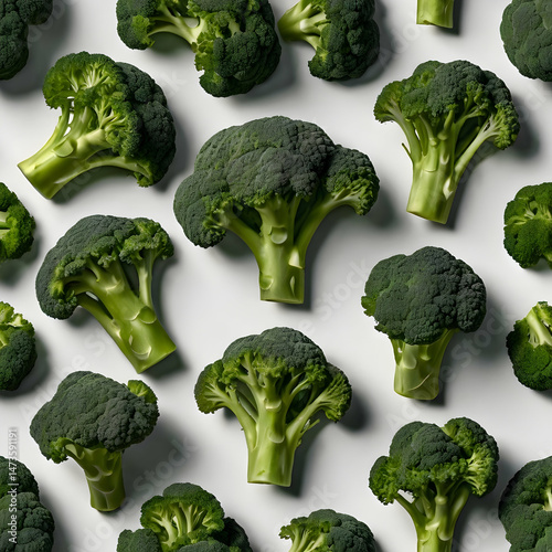 Broccoli Florets in Linear Arrangement on White Background

