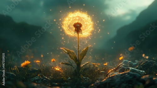 A single, glowing dandelion seed head suspended in mid-air against a blurred background of soft green, symbolizing hope, wishes, and the delicate beauty of nature