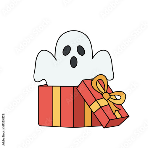 Ghost popping out of a red gift box with a bow  