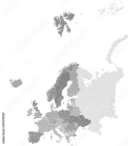 Europe vector map with country and administrative level 1 boundaries (Mercator projection, PPT-compatible & fully editable)