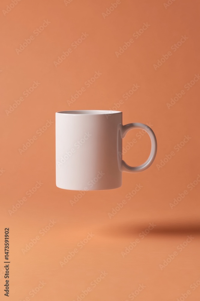 Minimalist White Mug Floating Against Soft Orange Background Minimalist White Mug Floating Against Soft Orange Background