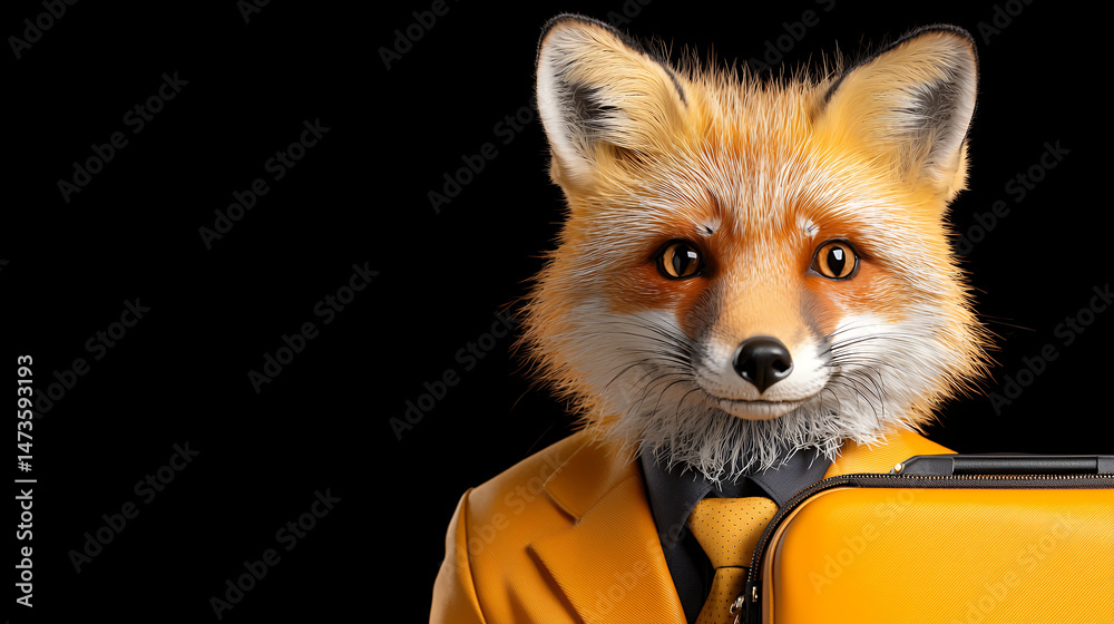 Fototapeta Stylized fox character wearing yellow suit and holding briefcase, exuding confidence and charm