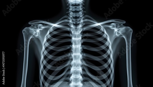 A high resolution, anterior X ray image reveals a human skeleton, prominently displaying the ribcage and spine
