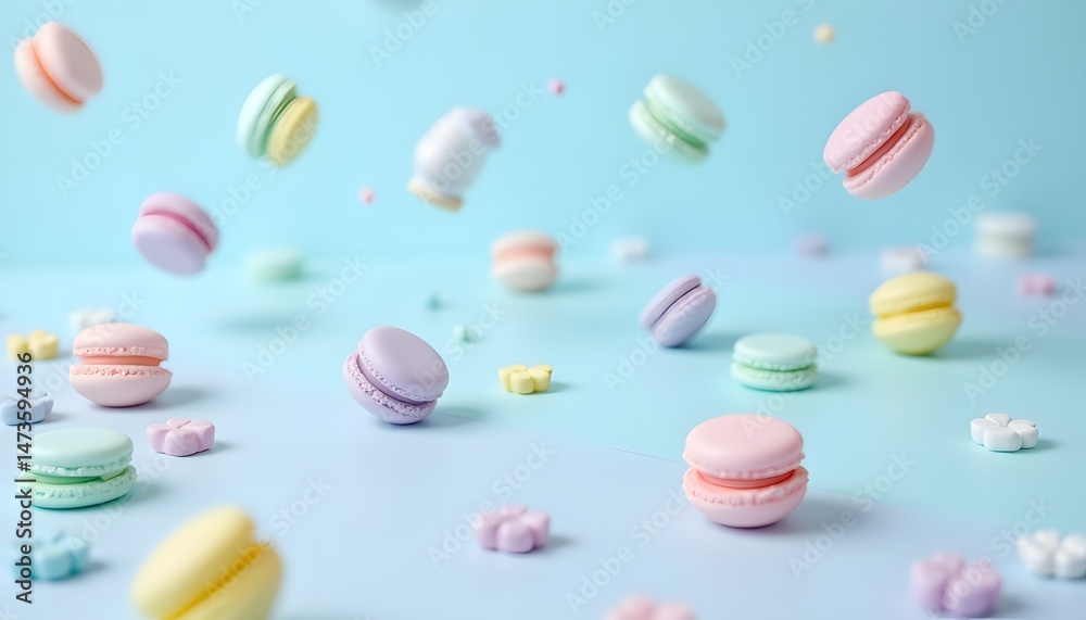 Obraz premium A visually appealing composition showcasing an array of pastel colored meringue based confections seemingly suspended in mid air