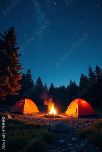 Campground with tents and campfire under starry night sky, bonfire, wilderness, night