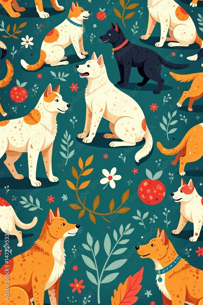 Cats and dogs playing together in a whimsical and vibrant seamless pattern design, background, playful Cats and dogs playing together in a whimsical and vibrant seamless pattern design, background, playful