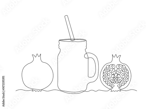 jar with a straw for cocktails, smoothies with pomegranate, continuous single one line art hand drawing sketch logo