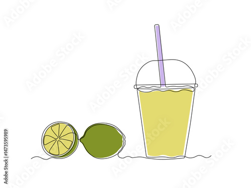 Abstract citrus lime juice glass with straw and lid,glass with cocktail, drink, juice, lemonade and lime. continuous single one line art drawing sketch, logo